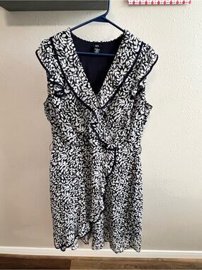 JBS Navy White Floral Ruffle Chiffon Dress Size 16 Lined Cottagecore